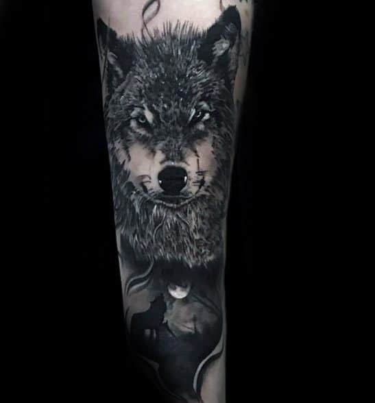 Mens Sick Forearm Wolf Howling At The Moon Sleeve Tattoo