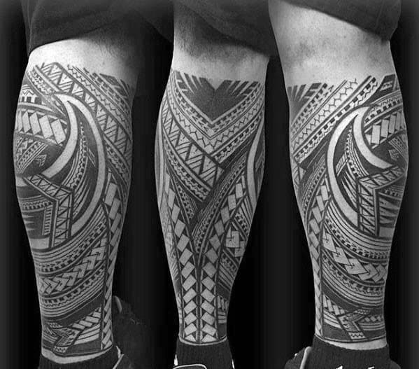 Mens Sick Tribal Polynesian Pattern Leg Tattoo Designs