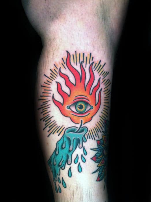 Mens Side Of Leg Candle Flame Eye Traditional Tattoo Designs