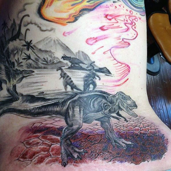 Mens Side Ribs Dinosaurs Stolling Around With Fireball In Sky Tattoo