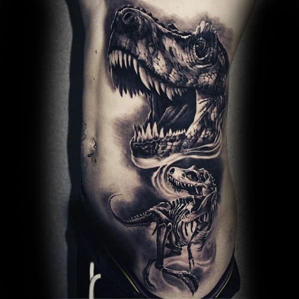 Mens Side Ribs Gigantic Dinosaur Skeleton Tattoo Designs
