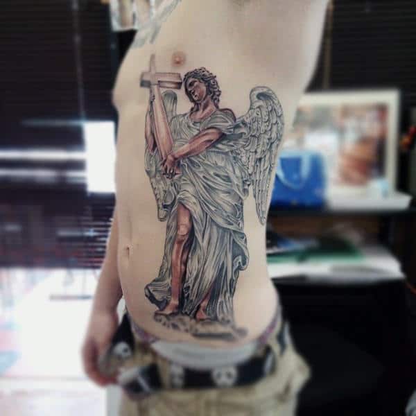 Mens Side Ribs White Robed Guardian Angel Tattoo With Cross