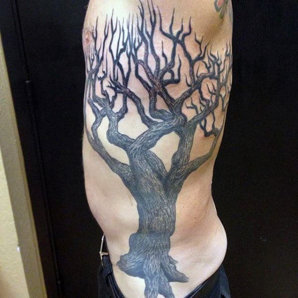 Mens Side Spiky Branched Oak Tree Tattoo