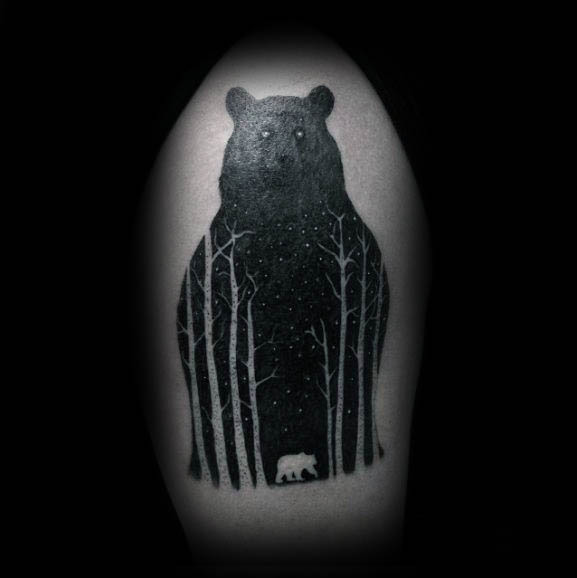 Mens Silhouette Bear Forest Tree Tattoo On Upepr Arm