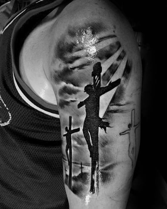 Mens Silhouette Jesus On The Cross Arm Tattoo