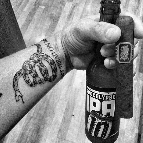 Mens Simple Black Ink Dont Tread On Me Text And Coiled Snake Tattoo On Wrist