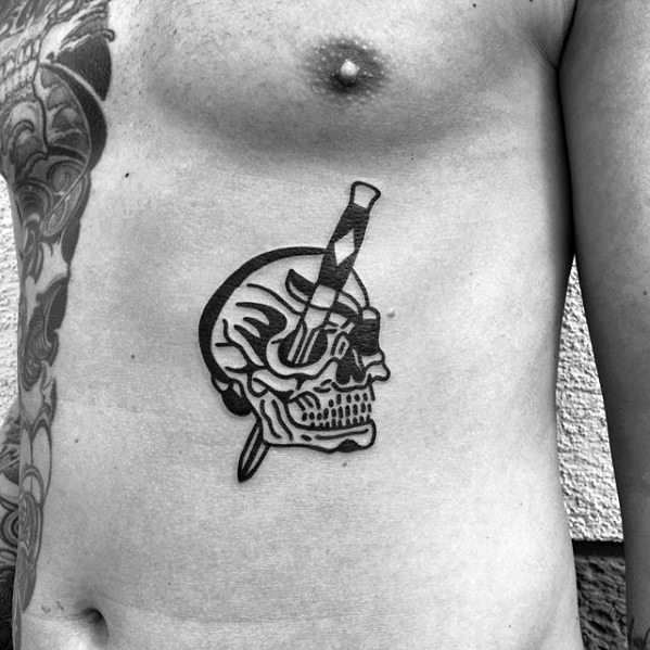 Mens Simple Guys Skull With Dagger Lower Chest Tattoo
