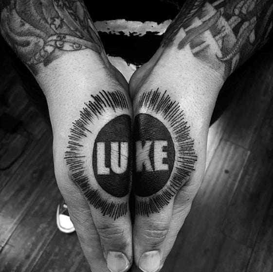 Mens Simple Hand Negative Space Luke Word Tattoo Design Ideas