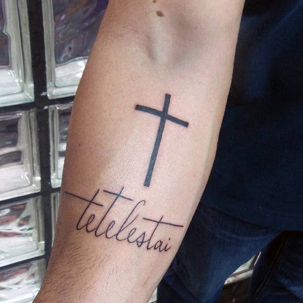 Mens Simple Inner Forearm Tetelestai Cross Tattoo