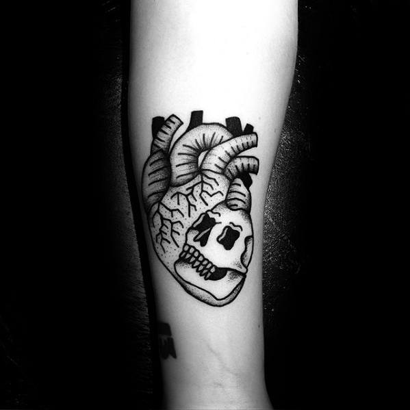 Mens Simple Skull With Heart Forearm Tattoo