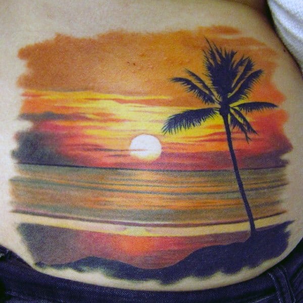 Mens Simple Sunset Tattoo Side Piece With Parl Tree