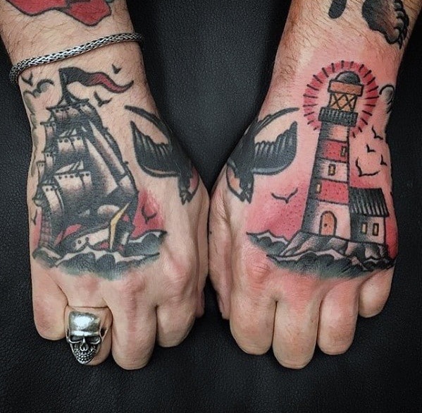 Mens Simple Traditional Ship And Lighthouse Hand Tattoos