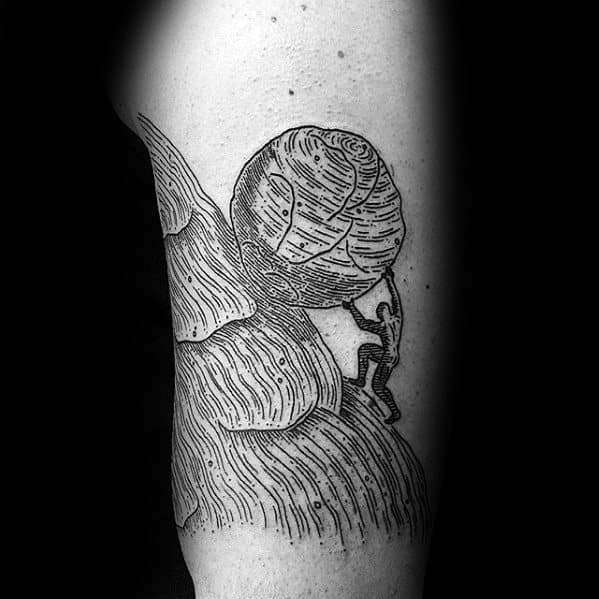 Linework Sisyphus tattoo with a textured hill and large boulder, showing the figure pushing uphill in a bold, abstract style.