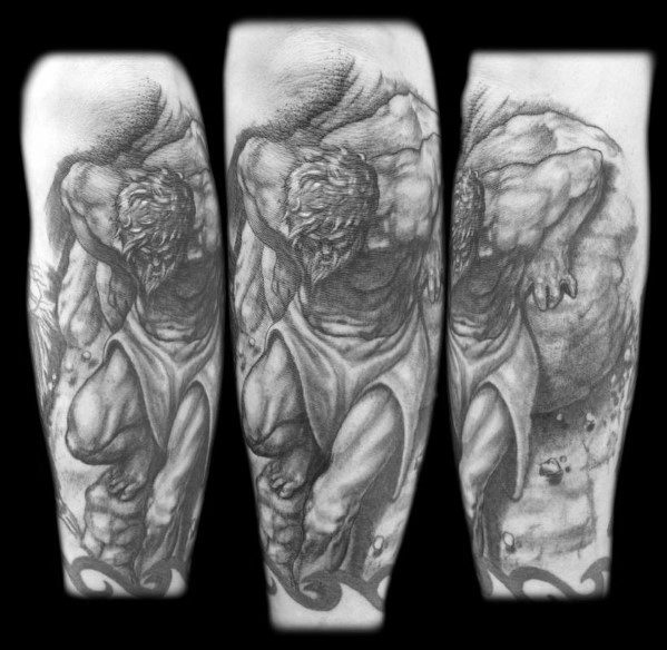 Highly detailed black and grey Sisyphus tattoo sleeve, showing intense effort as the figure pushes a boulder uphill through rough terrain.