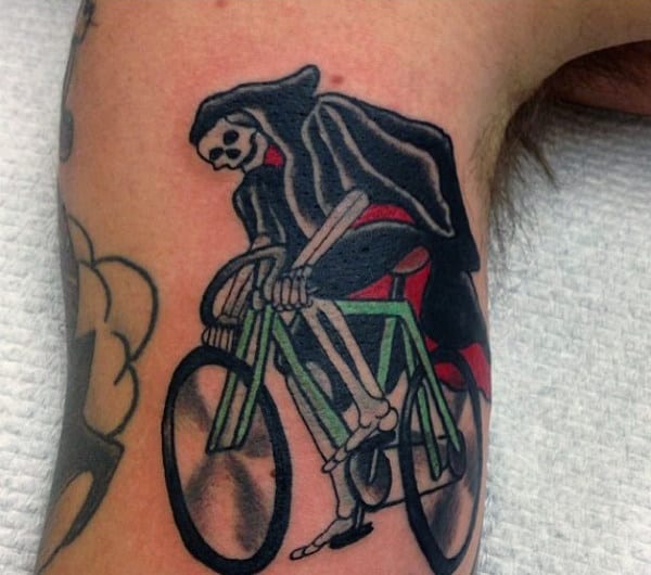 Mens Skeleton Riding Bicycle Tattoo On Arms