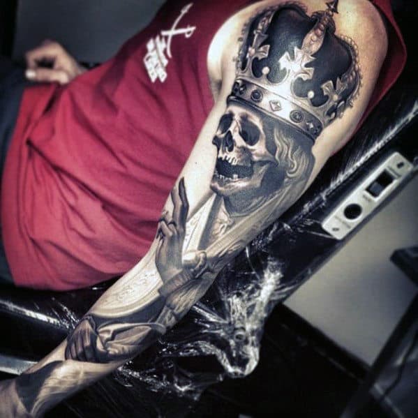 Mens Skeleton With Crown Awesome Arm Tattoo