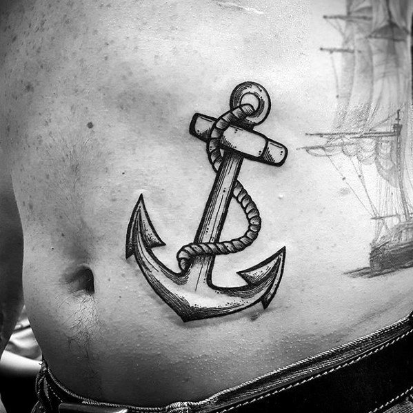 Realistic black and gray anchor tattoo with a wrapped rope on the ribs, featuring fine shading and bold outlines, symbolizing strength and stability.