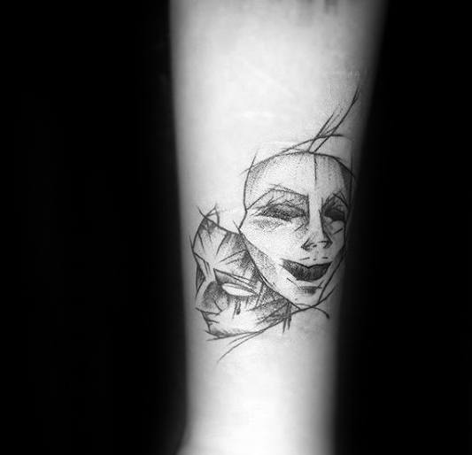 Mens Sketched Forearm Tattoo Ideas With Drama Mask Design