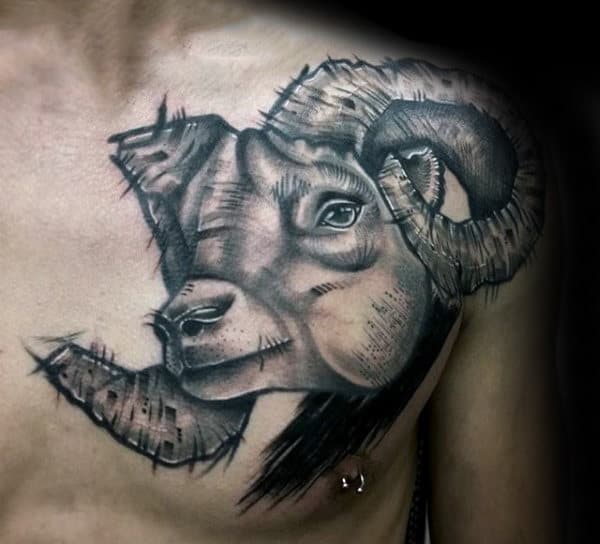 Mens Sketched Ram Shaded Upper Chest Tattoo