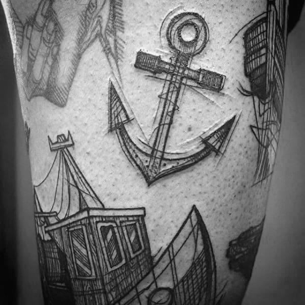 Mens Sketched Small Manly Anchor Tattoo On Leg