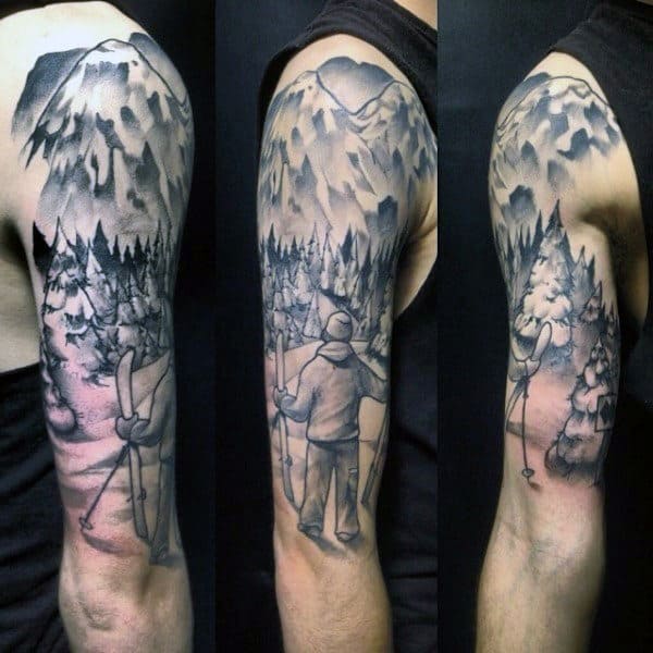 Mens Skiing Half Sleeve Tattoo Designs