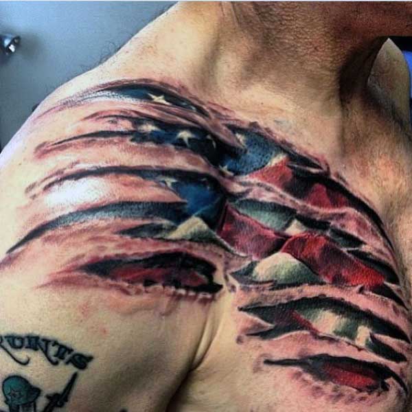 Mens Skin Ripping Tattoos Of American Flag On Shoulder
