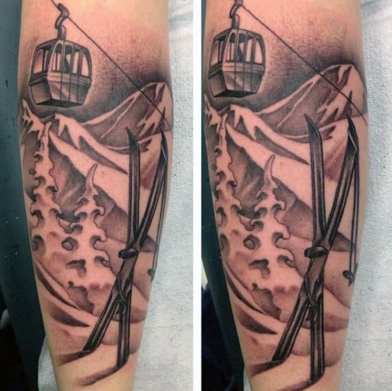 Mens Skis In The Snow Mountain Scene Forearm Tattoos