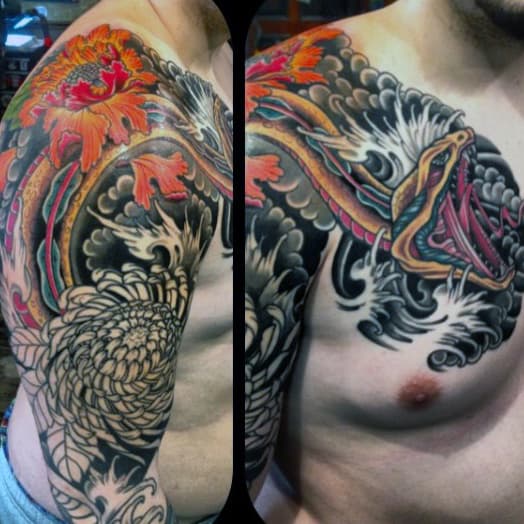 Men's Skull And Snake Tattoo