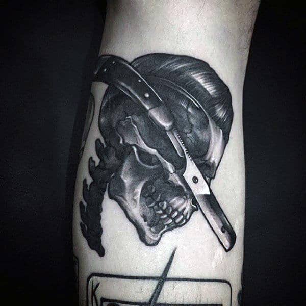 Mens Skull Bone Tattoo With Straight Razor
