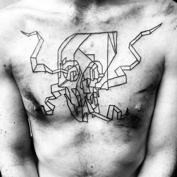 Geometric chest tattoo featuring an abstract skull with angular horns, composed of sharp black lines in a Cubist-inspired style.