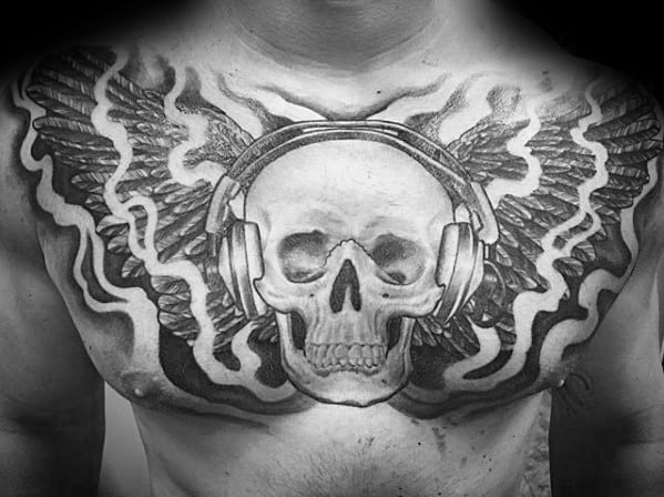 Mens Skull Headphones Tattoo Design Ideas Upper Chest