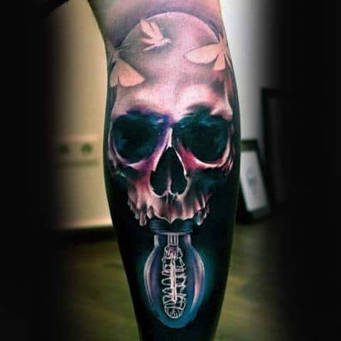 Mens Skull Light Bulb With Flying Moths Leg Tattoo