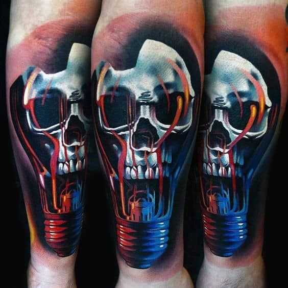 Mens Skull Modern Light Bulb 3d Tattoos On Forearm