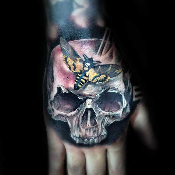 Mens Skull Moth Hand Tattoos
