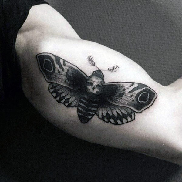 Mens Skull Moth Inner Arm Bicep Tattoo Design Ideas