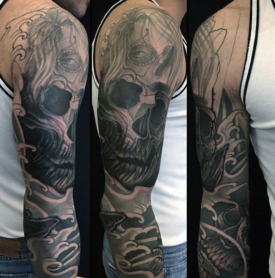 Mens Skull Ocean Waves Tattoo Cover Up Sleeve Design Ideas