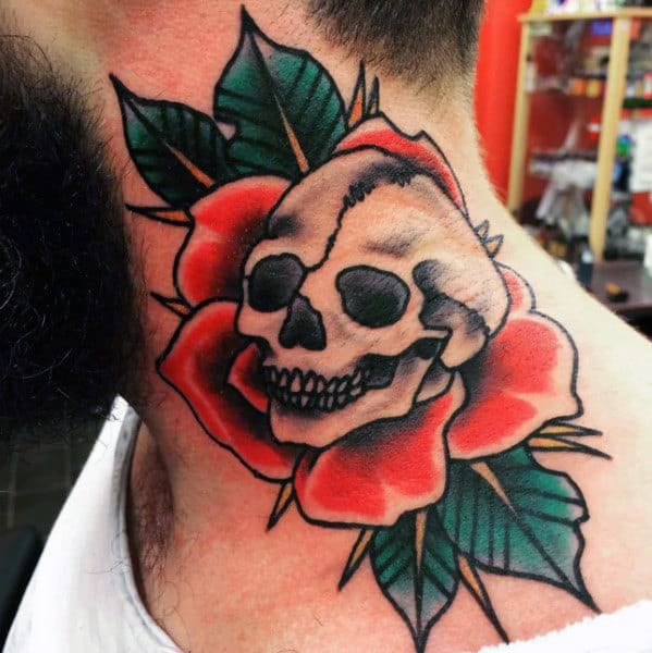 Mens Skull Red Rose Flower Traditional Tattoo Design On Neck