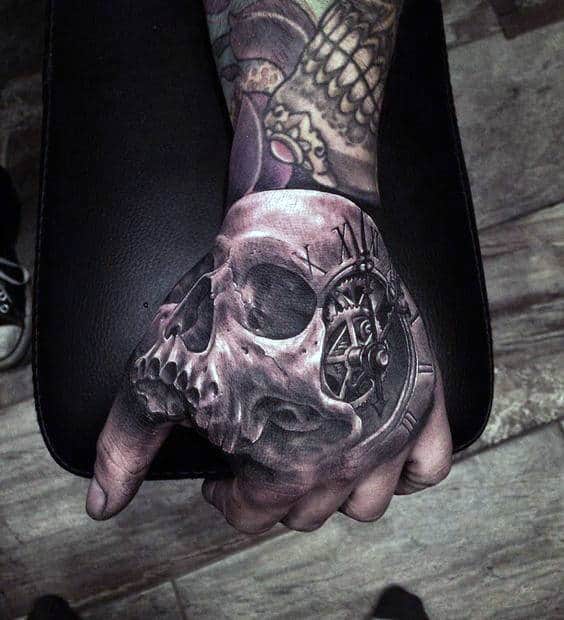 Mens Skull Roman Numeral Clock Hand Tattoo