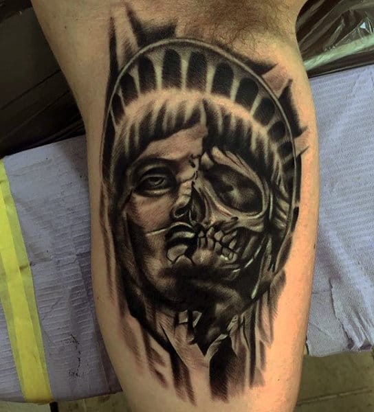 Mens Skull Statue Of Liberty Tattoo On Bicep