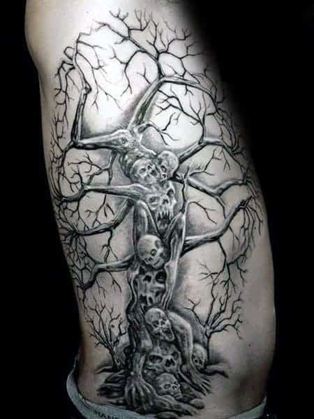Tattoo of a tree made of interwoven skulls and bones with branches