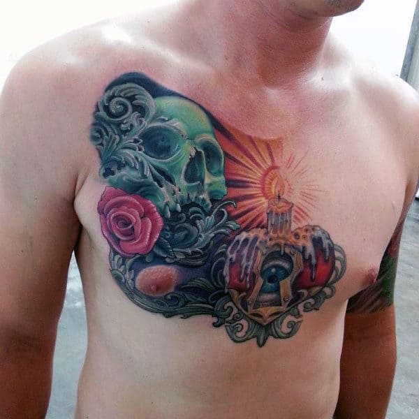 Mens Skull With Candle Keyhole Chest Tattoos