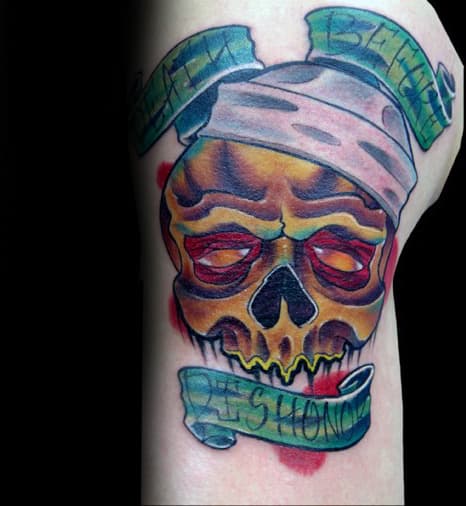Mens Skull With Green Death Before Dishonor Banner Arm Tattoo