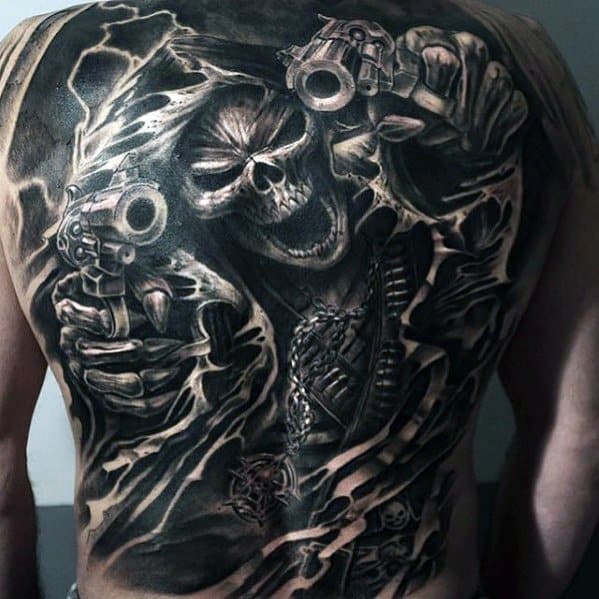 Mens Skull With Revovlers Full Back Great Tattoo Ideas