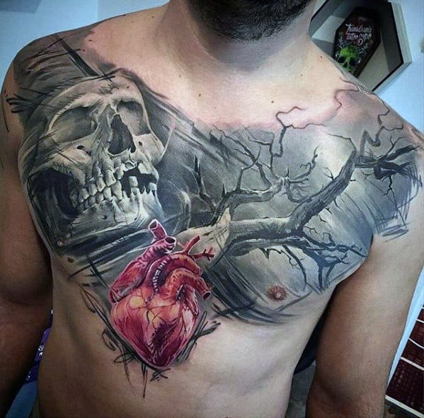 Mens Skull With Tree And Heart Unbelievable 3d Chest Tattoo