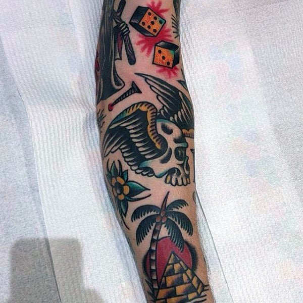 Mens Skull With Wings Traditional Forearm Tattoos