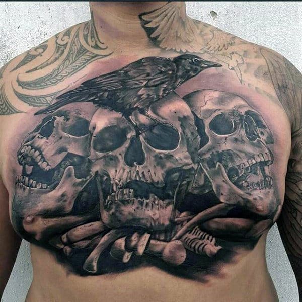Mens Skulls And Bones Crow Chest Tattoo