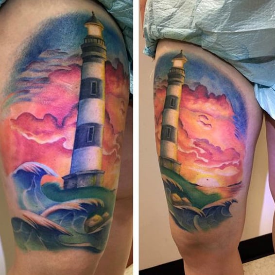 Mens Sky Lighthouse Thigh Tattoos