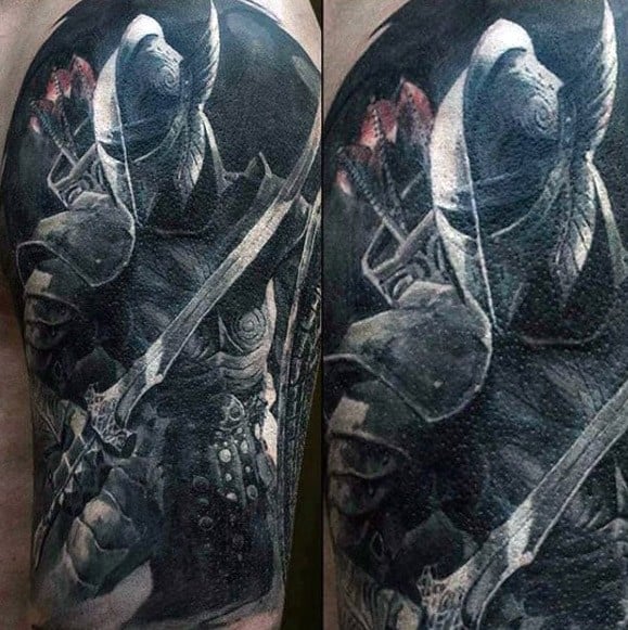 Detailed black and gray Skyrim tattoo of a knight in armor with a sword