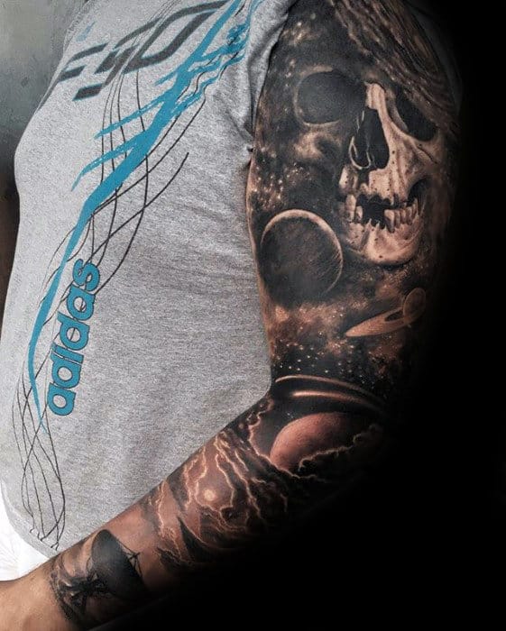 Mens Sleeve 3d Skull And Outer Space Night Sky Tattoo Designs