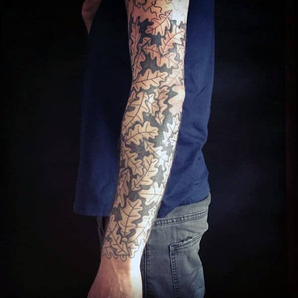 Mens Sleeve Pretty Pattern With Oak Leaves Tattoo